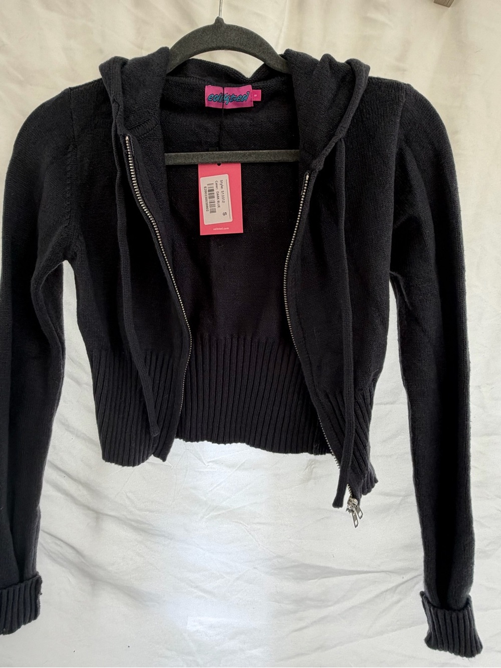 Edikted Black Cropped Hooded Zip-Up Knit Jacket